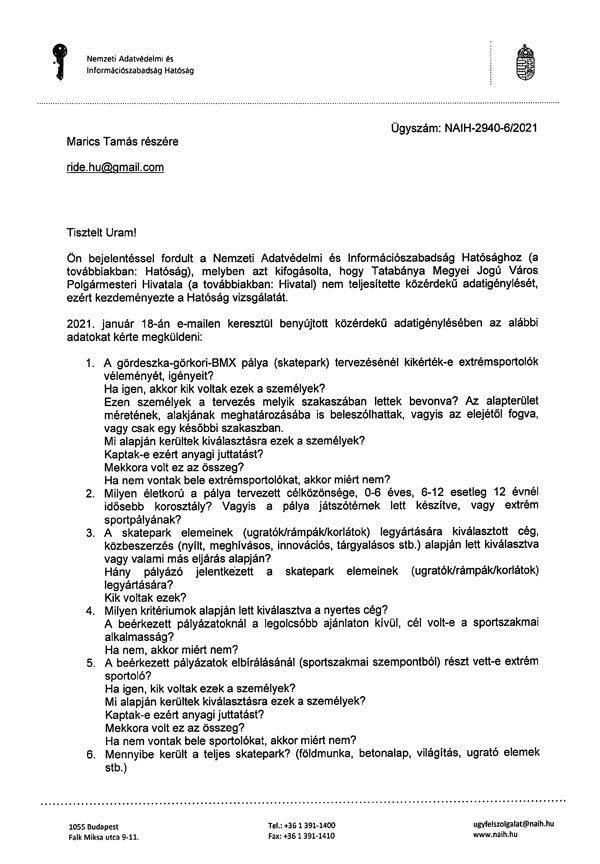 Nemzeti Adatvédelmi és Információszabadság Hatóság levele - Tatabánya