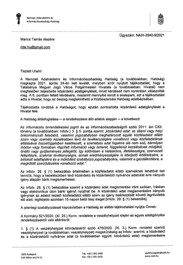 Nemzeti Adatvédelmi és Információszabadság Hatóság levele
