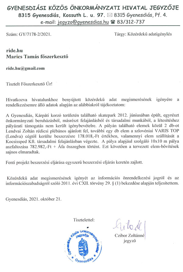 KÖZÉRDEKŰ ADATIGÉNYLÉS - Gyenesdiás - a válasz
