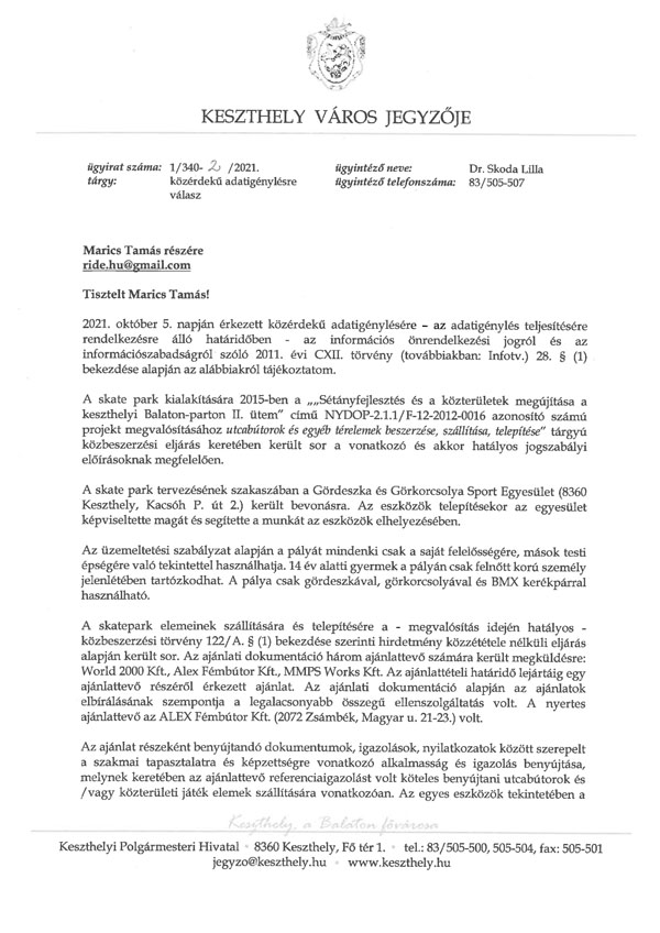 KÖZÉRDEKŰ ADATIGÉNYLÉS - Keszthely - a válasz