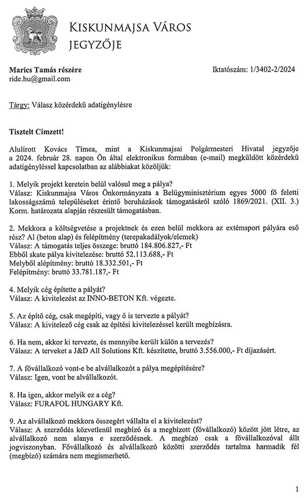 Kiskunmajsa - közérdekű adatigénylés - a válasz