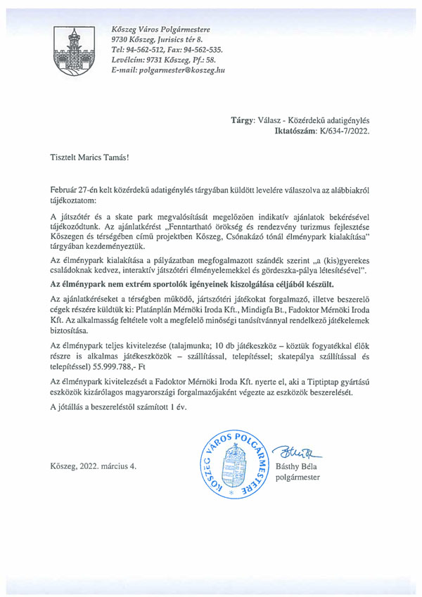 KÖZÉRDEKŰ ADATIGÉNYLÉS - Kőszeg - a válasz
