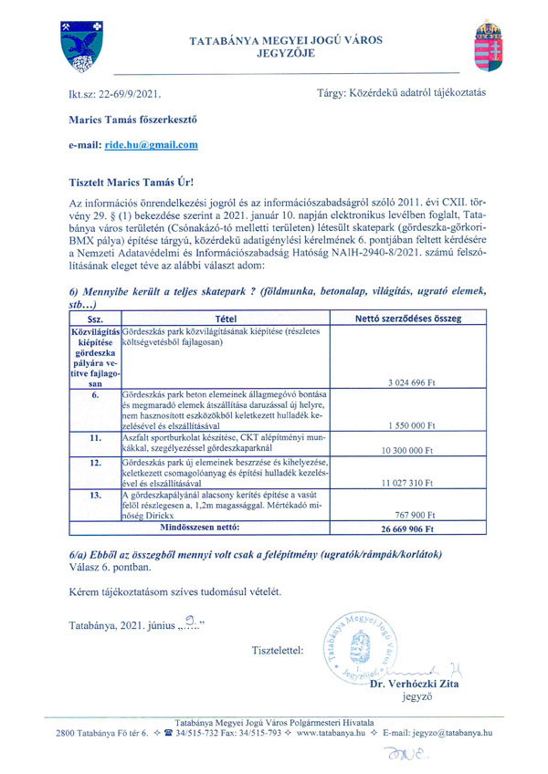 KÖZÉRDEKŰ ADATIGÉNYLÉS - Tatabánya AZ ÖSSZEG